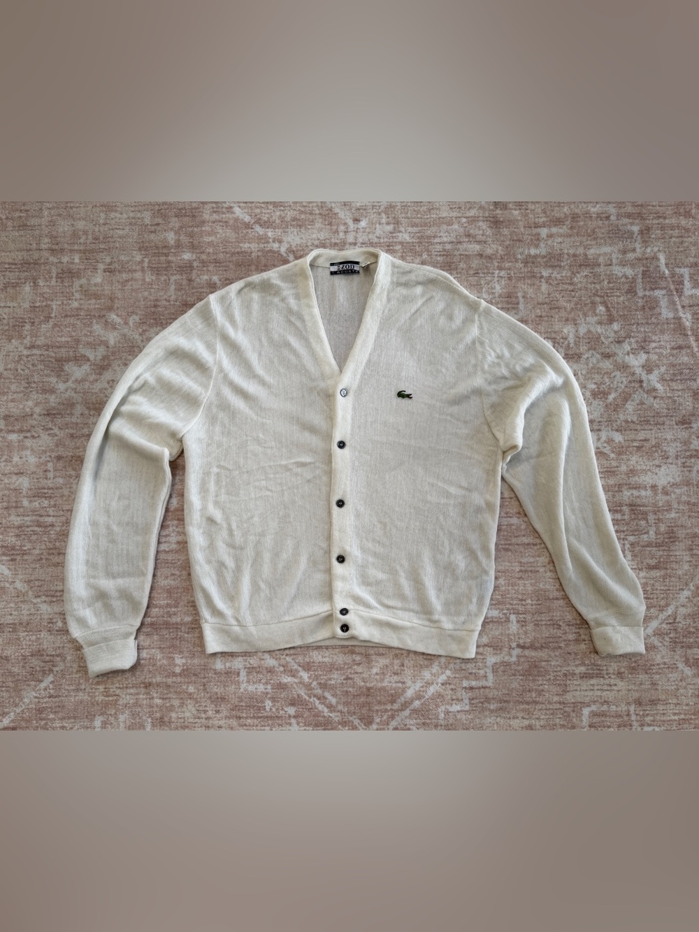 Vintage Izod Lacoste Mens XL White Knit Button Cardigan Sweater Crocodile USA
